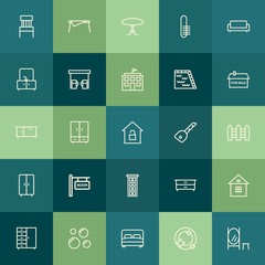 Modern Simple Set of buildings, furniture, housekeeping Vector outline Icons. Contains such Icons as  chair,  clothing,  reflection,  clean and more on green background. Fully Editable. Pixel Perfect.