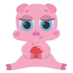 Cute pink pig sitting and holding a Christmas ball on a white background