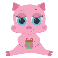 Cute pink pig sitting and holding a box with a gift on a white background