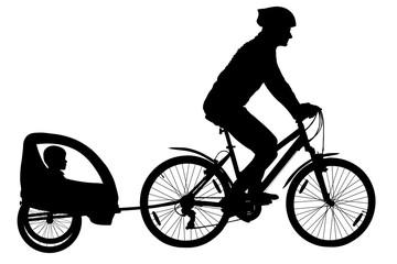 Obraz premium Mountain bike silhouette. Cyclist with a child stroller. City cycling family vector