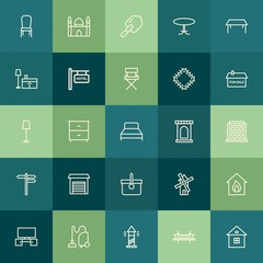 Modern Simple Set of buildings, furniture, housekeeping Vector outline Icons. Contains such Icons as  house, shovel,  vacuum,  ocean,  sky and more on green background. Fully Editable. Pixel Perfect.