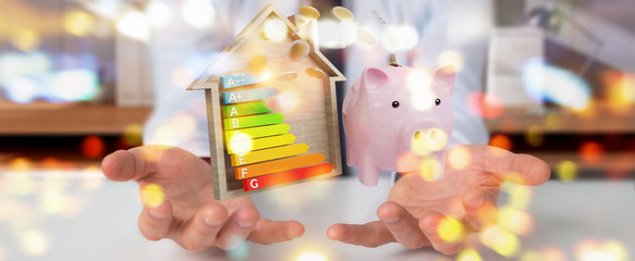 Businessman saving money with good energy chart rating 3D rendering