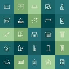 Modern Simple Set of buildings, furniture, housekeeping Vector outline Icons. Contains such Icons as closet,  open,  home,  exterior, water and more on green background. Fully Editable. Pixel Perfect.