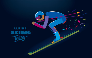 Alpine skiing. Stylized skier speeds down the mountains. Vector color line icons