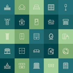 Modern Simple Set of buildings, furniture, housekeeping Vector outline Icons. Contains such Icons as drawer,  cleaner, church,  light, home and more on green background. Fully Editable. Pixel Perfect.