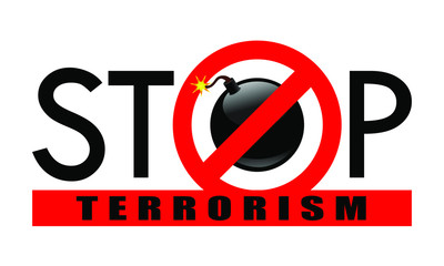 Symbol or sign stop terrorism. Bomb in the red prohibition sign and red line with text "stop terrorism". Abstract vector illustration.