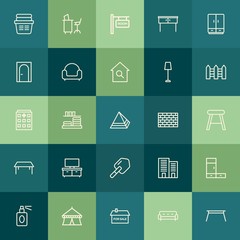 Modern Simple Set of buildings, furniture, housekeeping Vector outline Icons. Contains such Icons as  traffic,  estate, coffee, sofa,  road and more on green background. Fully Editable. Pixel Perfect.