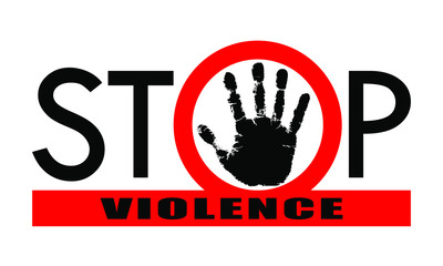 Symbol or sign stop violence. Red prohibition sign over black hand and red line with text 