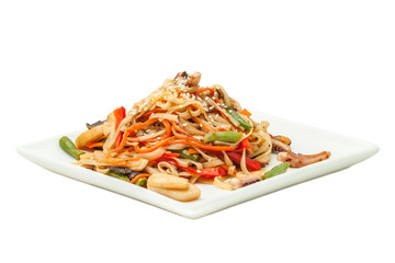 Chinese noodles with seafood and vegetables