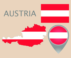Colorful flag, map pointer and map of Austria in the colors of the Austrian flag. High detail. Vector illustration