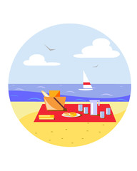 picnic on the beach overlooking the waves and sailboat