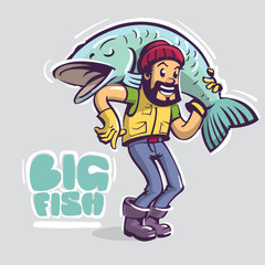 fisherman character hold big fish on the shoulders