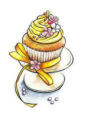 painted hands appetizing puff cake with ornament and bow on a plate on a white background