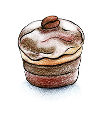 Chocolate slice of cake with a grain of coffee isolated on white background, painted in watercolor and ink hand