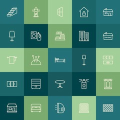 Modern Simple Set of buildings, furniture, housekeeping Vector outline Icons. Contains such Icons as  house, lighthouse,  wall,  ocean, hot and more on green background. Fully Editable. Pixel Perfect.