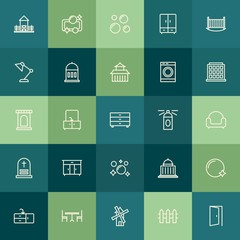 Modern Simple Set of buildings, furniture, housekeeping Vector outline Icons. Contains such Icons as mill,  room,  power,  courthouse, soap and more on green background. Fully Editable. Pixel Perfect.