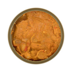 Opened can of curry flavored tuna isolated on a white background.