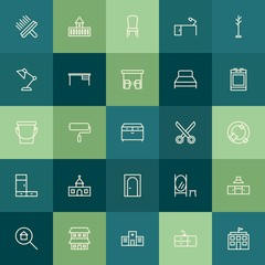 Modern Simple Set of buildings, furniture, housekeeping Vector outline Icons. Contains such Icons as  work, home,  chair,  exterior,  tower and more on green background. Fully Editable. Pixel Perfect.