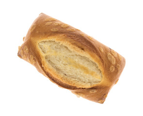 Bite size sourdough pretzel on a white background.