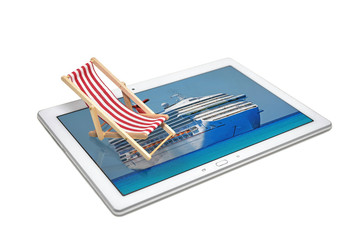 Tablet computer notebook with small chair and cruise ship on the display