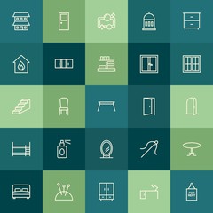 Modern Simple Set of buildings, furniture, housekeeping Vector outline Icons. Contains such Icons as  house,  duplex, needle,  property and more on green background. Fully Editable. Pixel Perfect.