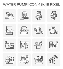 Water pump station icon. Consist of centrifugal, submersible and well pump. Powered by engine, hand and electric motor with solar energy. For produce flow and pressure to distribution water. 48x48 px.