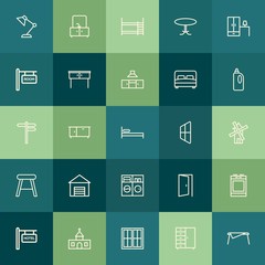 Modern Simple Set of buildings, furniture, housekeeping Vector outline Icons. Contains such Icons as window, entrance,  house,  bathroom and more on green background. Fully Editable. Pixel Perfect.