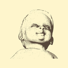 Portrait of pretty little boy. Emotions of happiness. Vintage engraved illustration