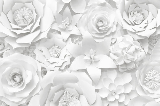 White paper flower wall, floral background, wedding card, greeting card template © Dreams Creator