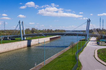 Bridge in front of hydro power plant on the Danube River in Vienna city, capital of Austria © Fotokon