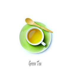 Cup of Green Tea on white background; flatlay