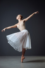 Naklejka premium Piękna, pracowita tancerka tańczy i wykonuje wdzięczne ruchy.