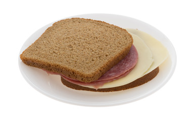 Genoa salami and provolone cheese wheat bread sandwich on a plate isolated on a white background.