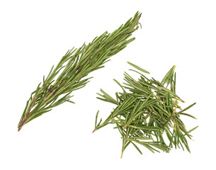 Fototapeta premium Top view of branches of organic rosemary with needles isolated on a white background.