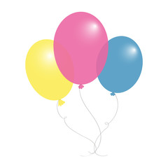 Three colorful helium balloons. Pink, yellow and blue colors. Vector illustration.