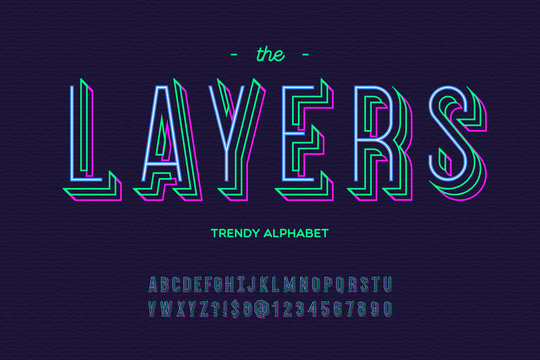 Layers font. Alphabet modern typography sans serif colorful line style for party poster, printing on fabric, t shirt, promotion, decoration, stamp, label, special offer. Vector Illustration 10 eps