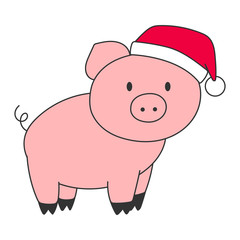 Pink pig in red hat. Chinese New Year 2019 symbol. Vector illustration.