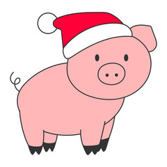 Pink pig in red hat. Asian New Year 2019 symbol. Vector illustration.