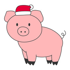 Pink pig in red hat. Oriental New Year 2019 symbol. Vector illustration.