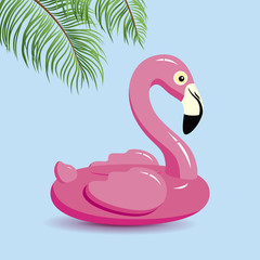 Flamingo inflatable and tropical leaves on blue background minimal summer vector illustration