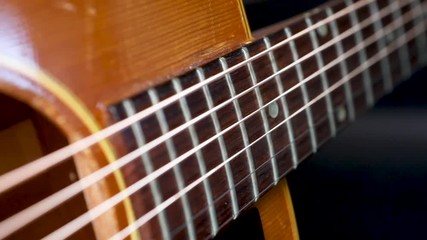 Close up demonstration of Strings oscillating on an acoustic guitar. Good example of frequency and vibration.