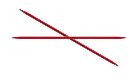 Top view of two red aluminum knitting needles isolated on a white background.