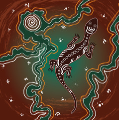 Obraz premium Lizard vector, Aboriginal art background with lizard, Illustration based on aboriginal style of dot painting. 