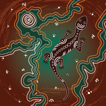 Lizard vector, Aboriginal art background with lizard, Illustration based on aboriginal style of dot painting. 
