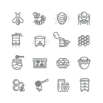 Honey and beekeeping related icons: thin vector icon set, black and white kit