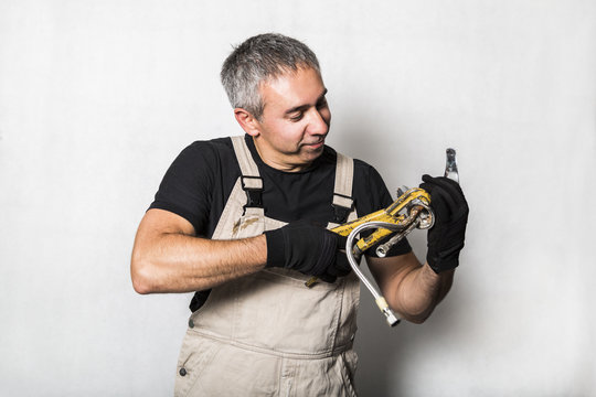 Worker Specialist Plumber, Engineer Or Constructor On White Background