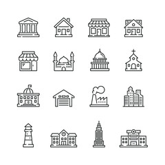Buildings icons: thin vector icon set, black and white kit