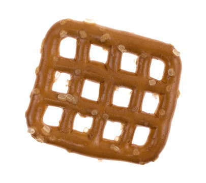 Top view of a single waffle pretzel on a white background.