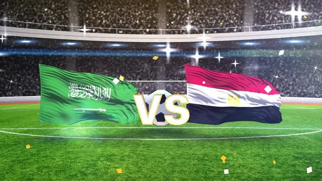 3D animation of Saudi Arabia vs Egypt flags with soccer ball 2018