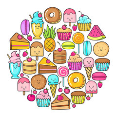 Circle from the funny sweets, fruit and ice cream. Donuts, cupcakes, cakes and cookies